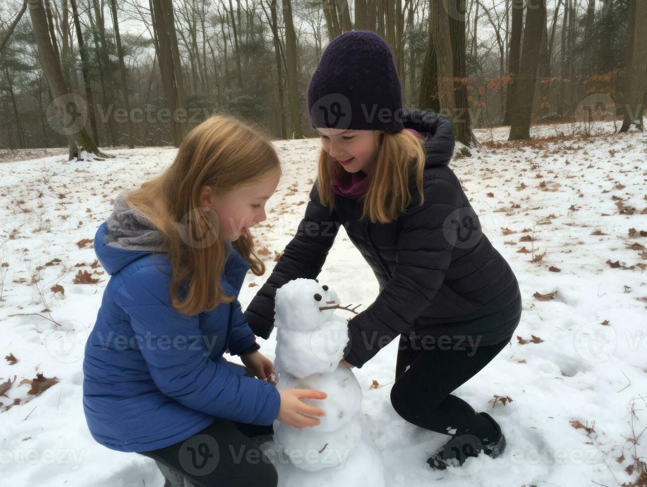 Kids building a snowman in winter day AI Generative photo