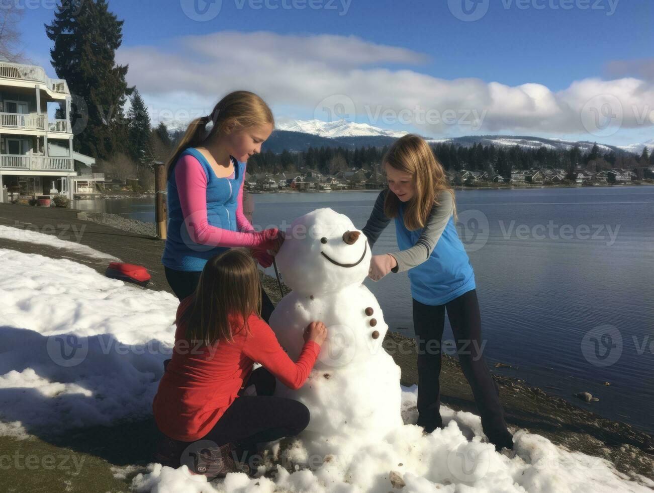 Kids building a snowman in winter day AI Generative photo