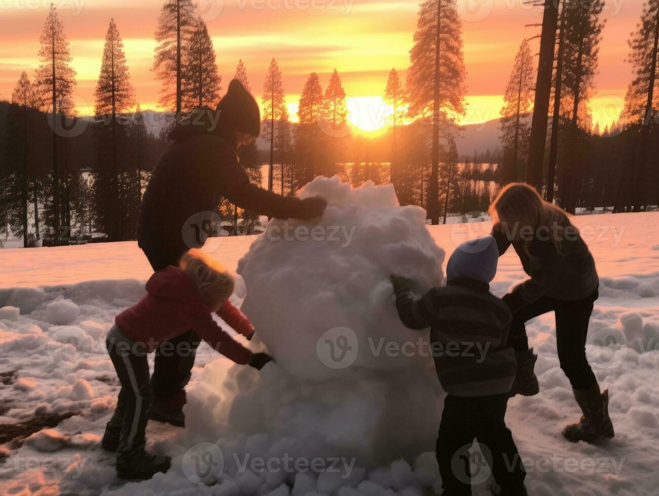 Kids building a snowman in winter day AI Generative photo