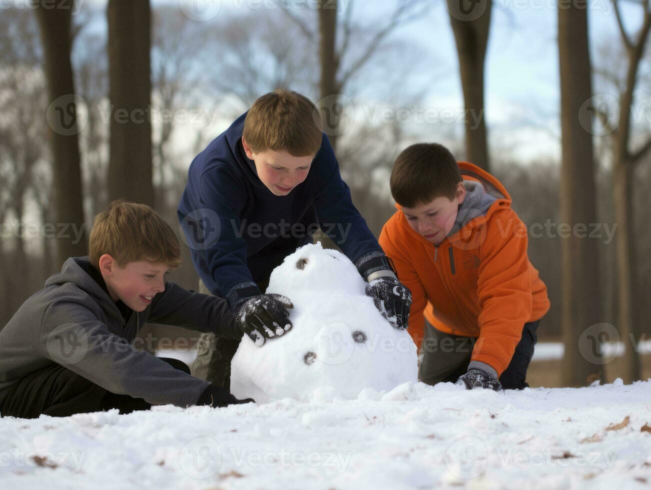 Kids building a snowman in winter day AI Generative photo