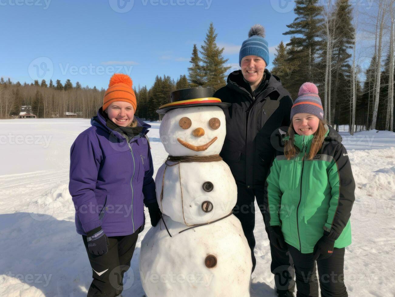 Kids building a snowman in winter day AI Generative photo