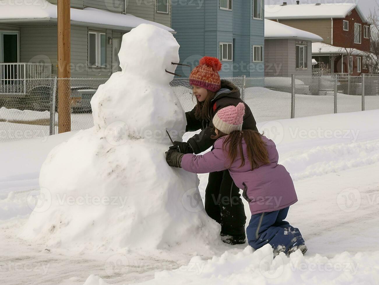 Kids building a snowman in winter day AI Generative photo