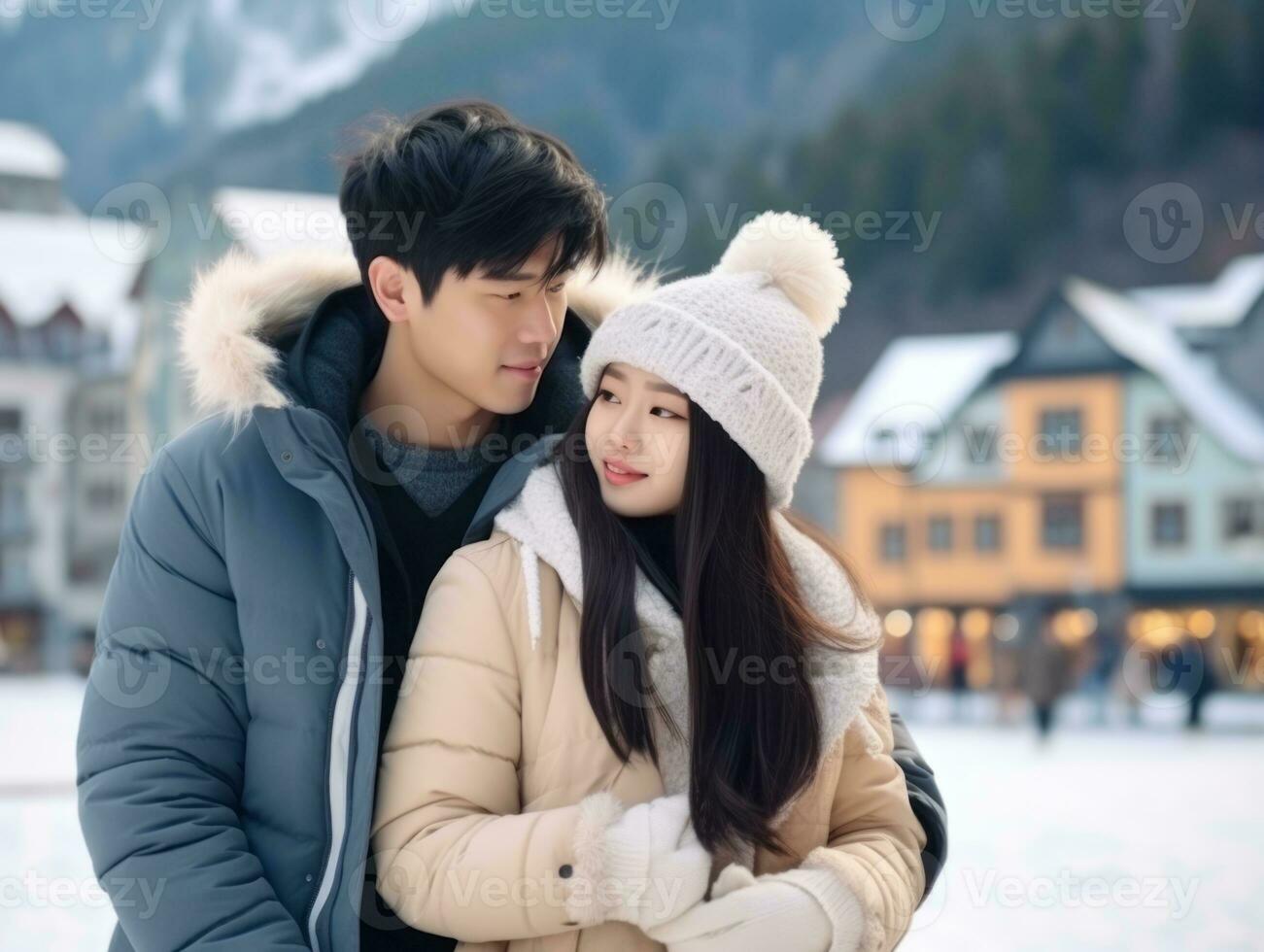 Loving asian couple is enjoying a romantic winter day AI Generative photo