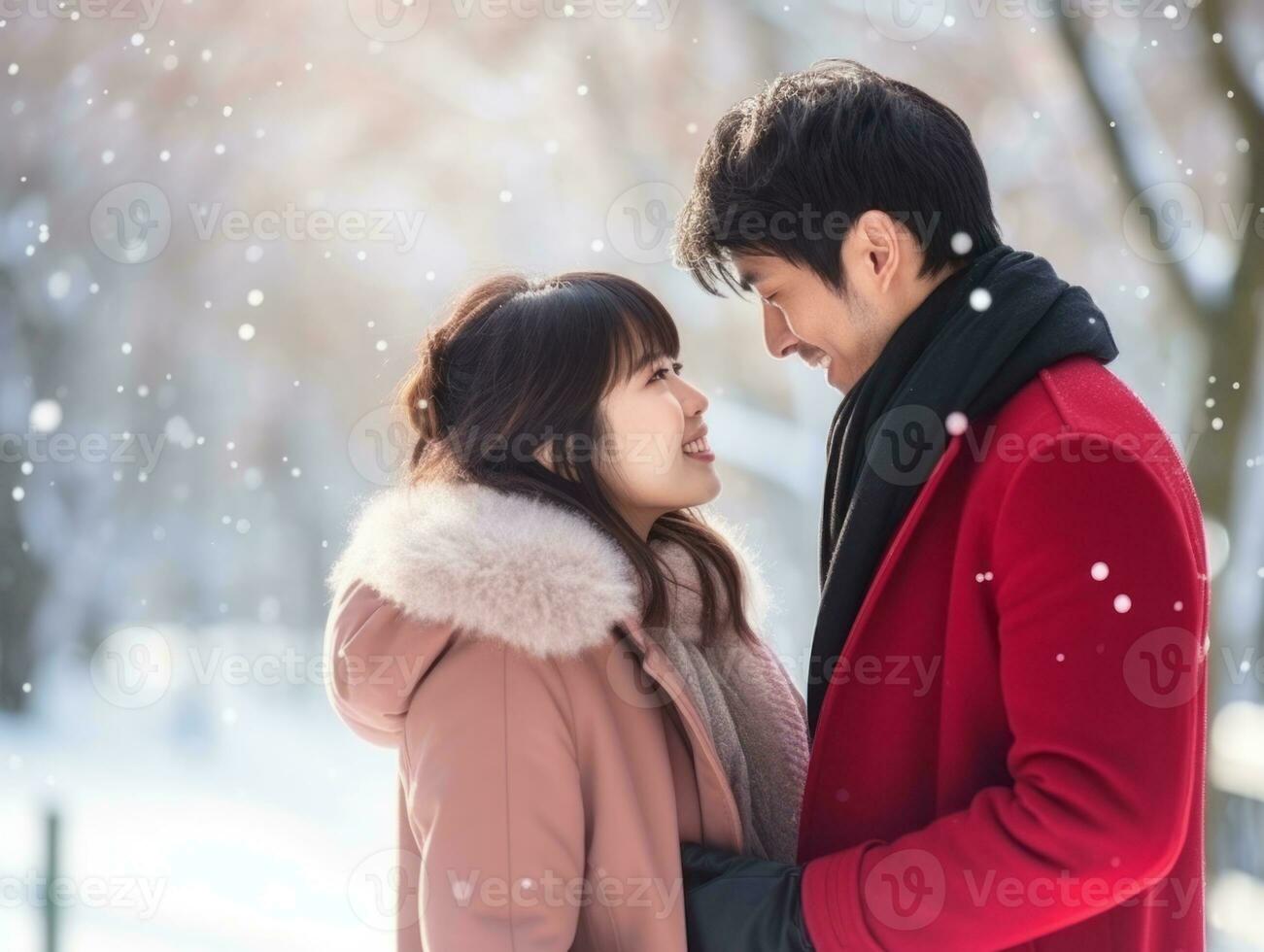 Loving asian couple is enjoying a romantic winter day AI Generative photo