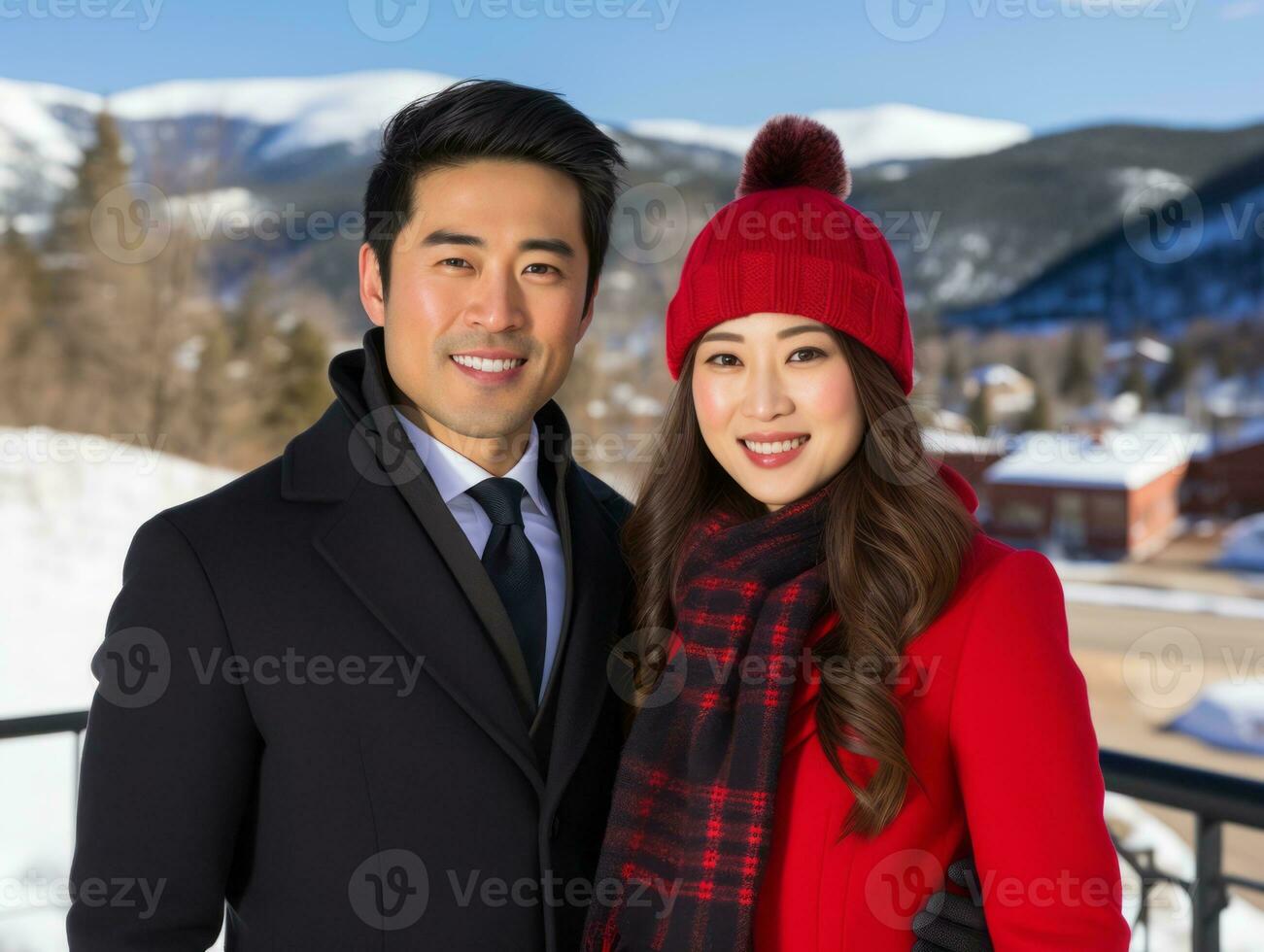 Loving asian couple is enjoying a romantic winter day AI Generative photo