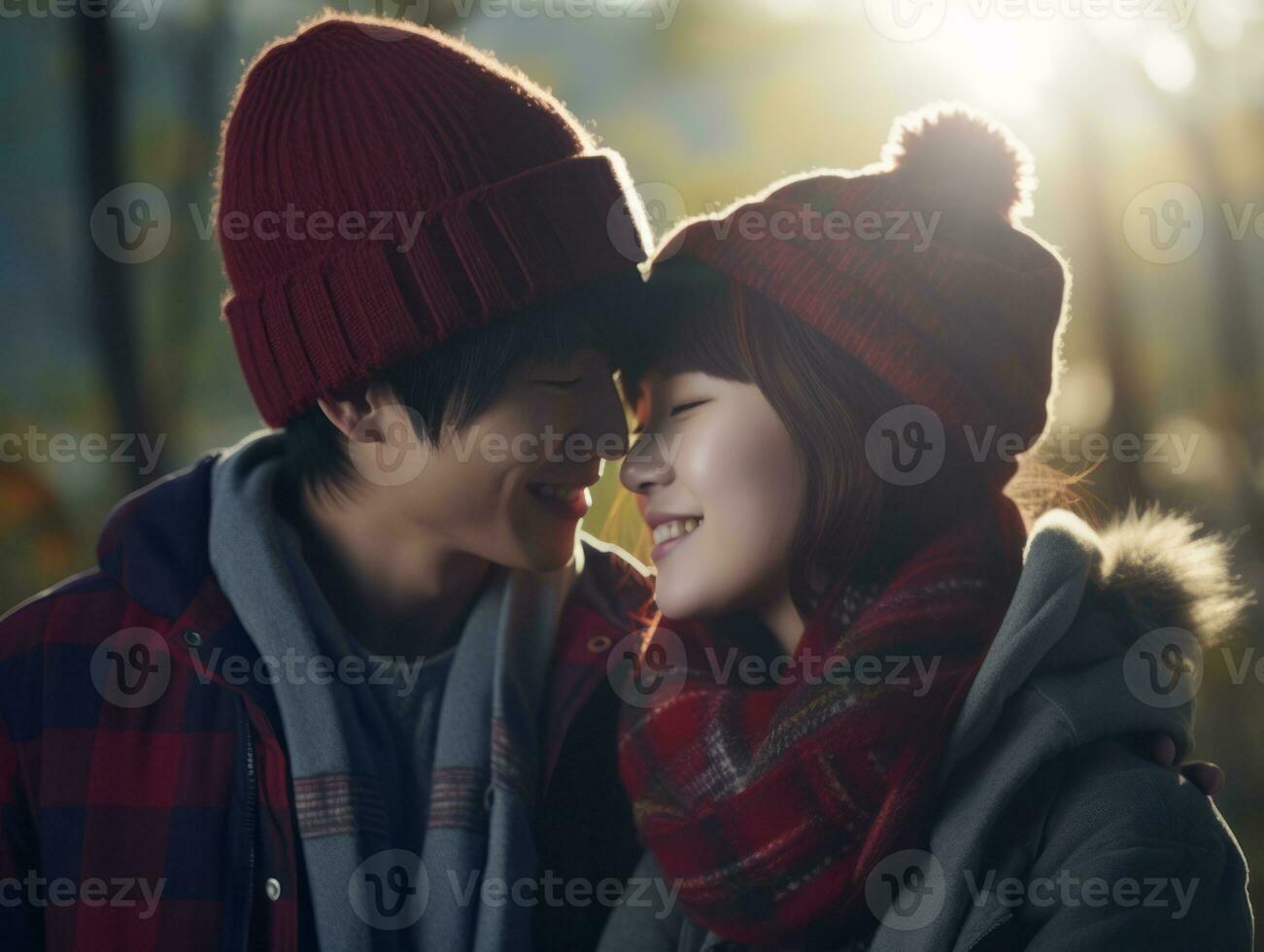amoroso asiático Pareja es disfrutando un romántico invierno día ai generativo foto