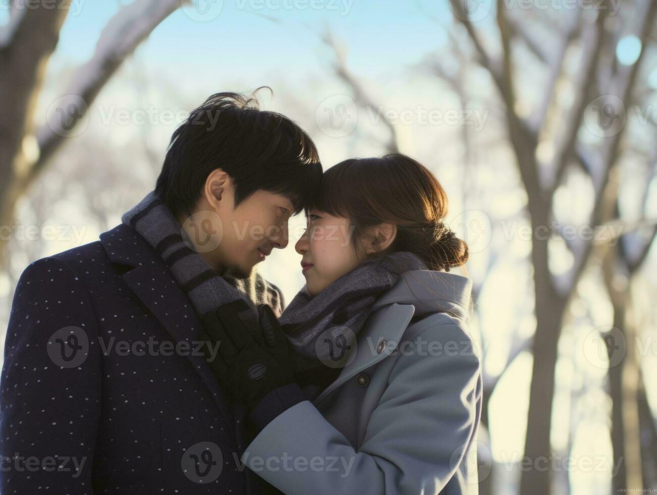 Loving asian couple is enjoying a romantic winter day AI Generative photo