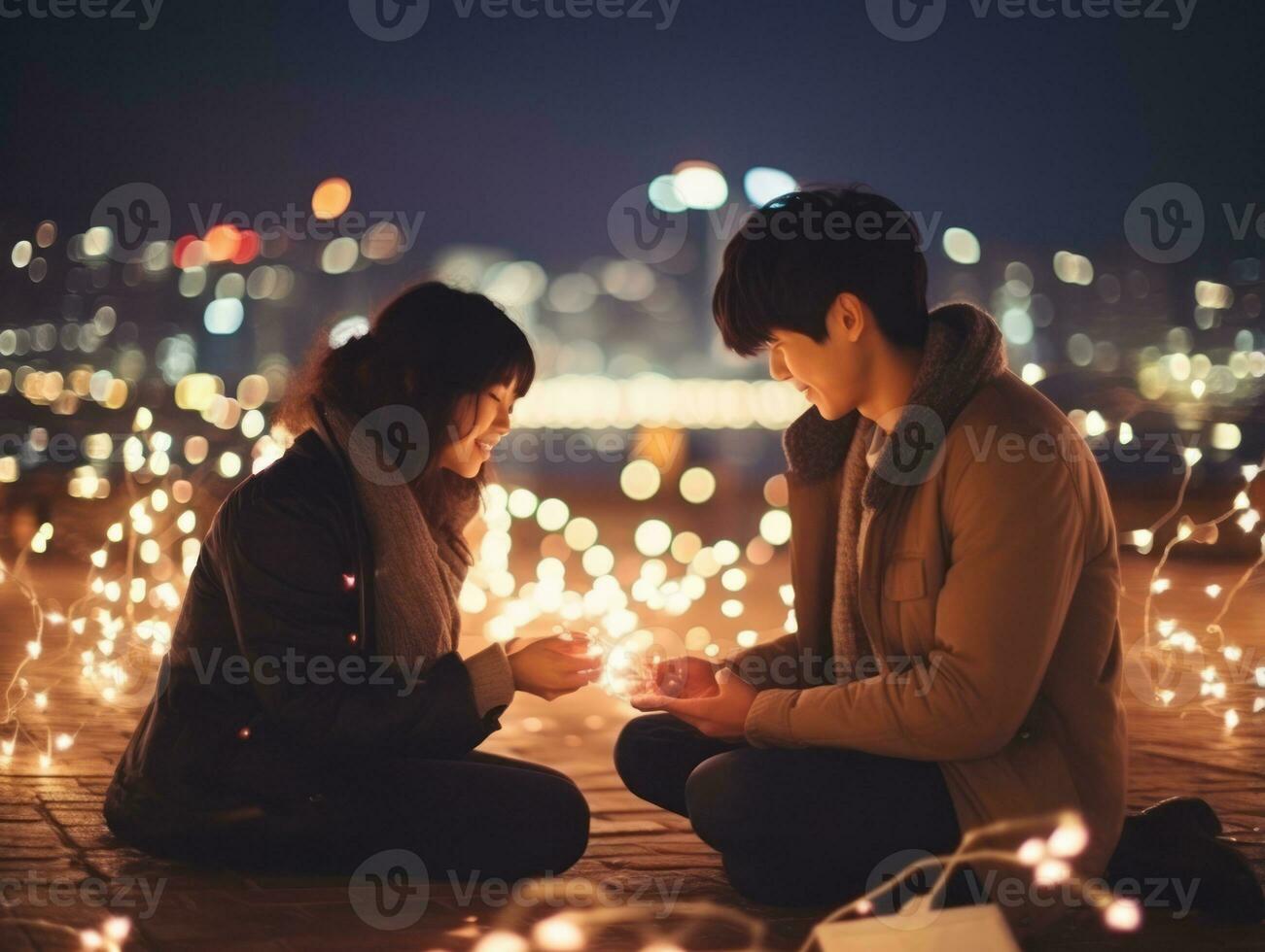 Loving asian couple is enjoying a romantic winter day AI Generative photo