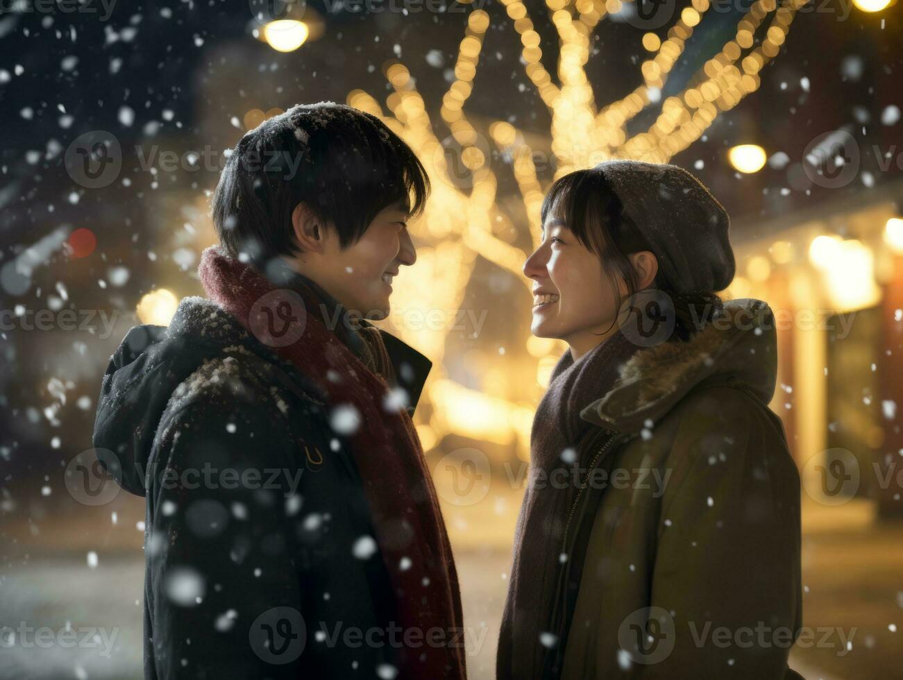 Loving asian couple is enjoying a romantic winter day AI Generative photo