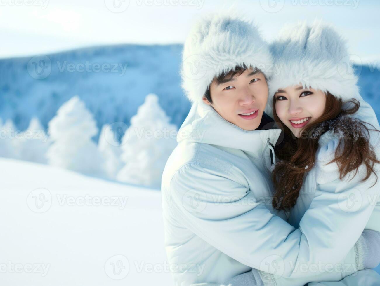 Loving asian couple is enjoying a romantic winter day AI Generative photo