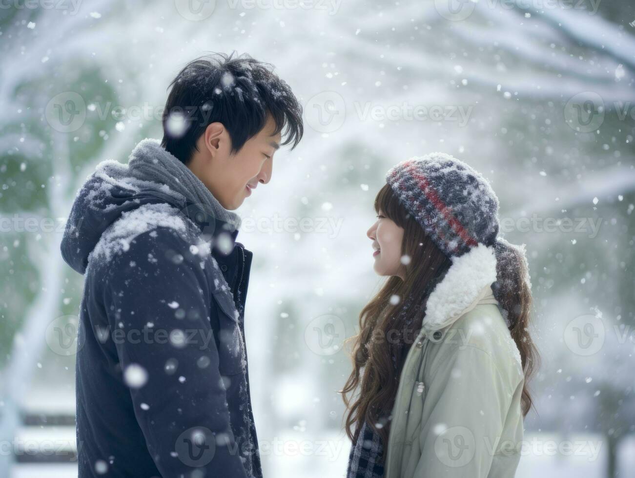 Loving asian couple is enjoying a romantic winter day AI Generative photo