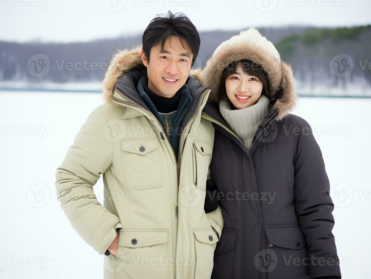 Loving asian couple is enjoying a romantic winter day AI Generative photo