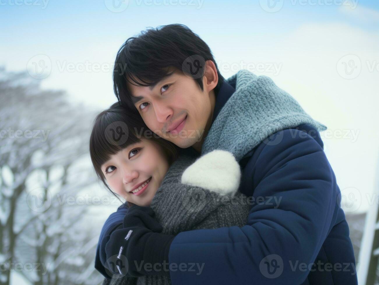 Loving asian couple is enjoying a romantic winter day AI Generative photo