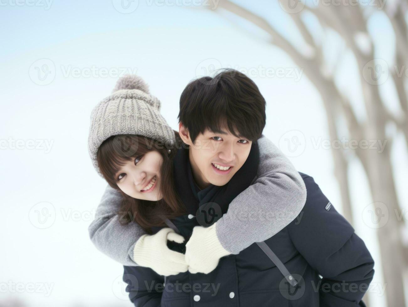 Loving asian couple is enjoying a romantic winter day AI Generative photo