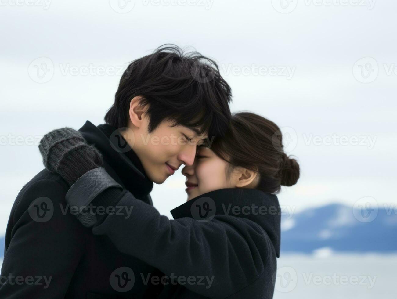 Loving asian couple is enjoying a romantic winter day AI Generative photo