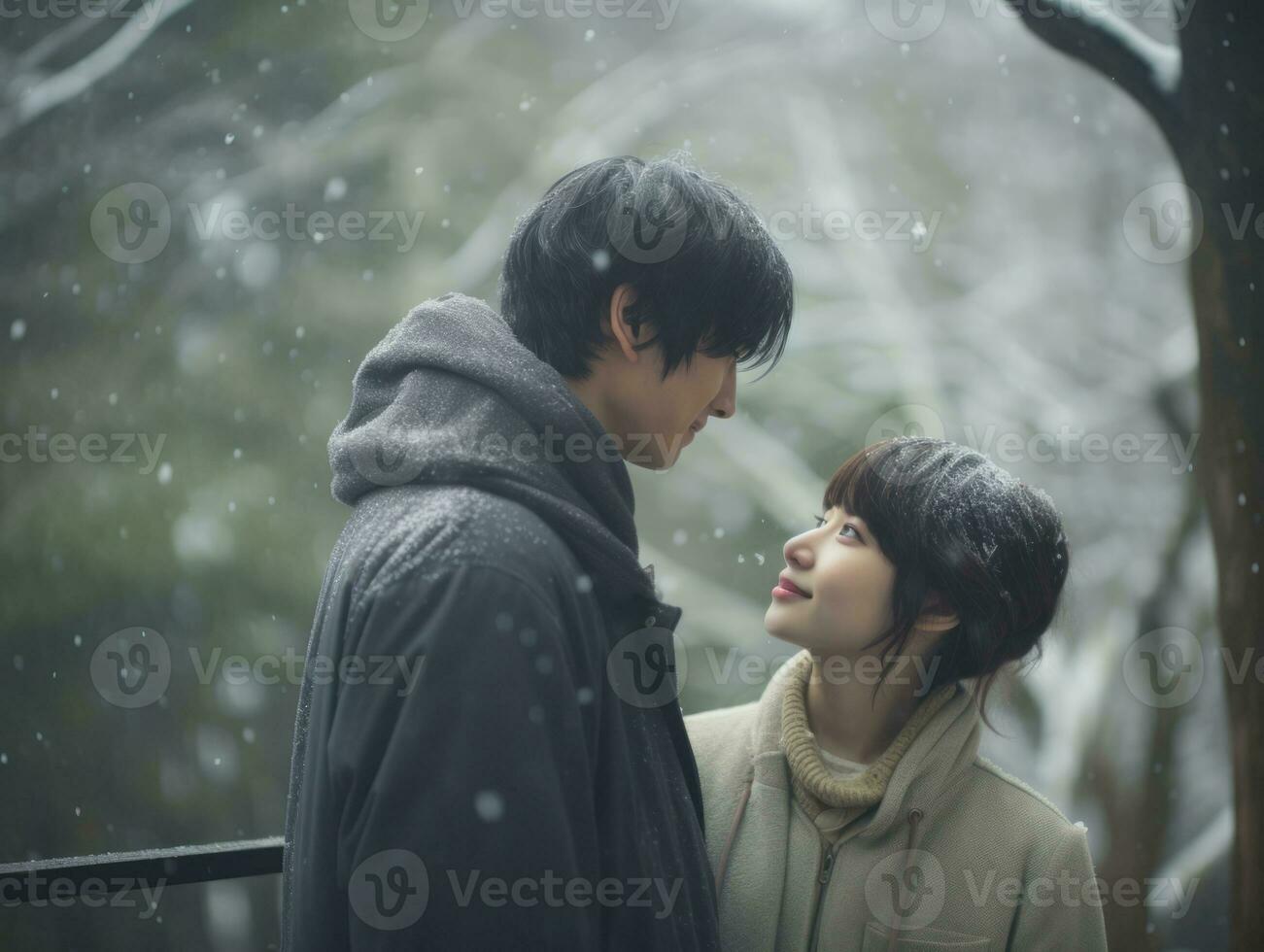 Loving asian couple is enjoying a romantic winter day AI Generative photo