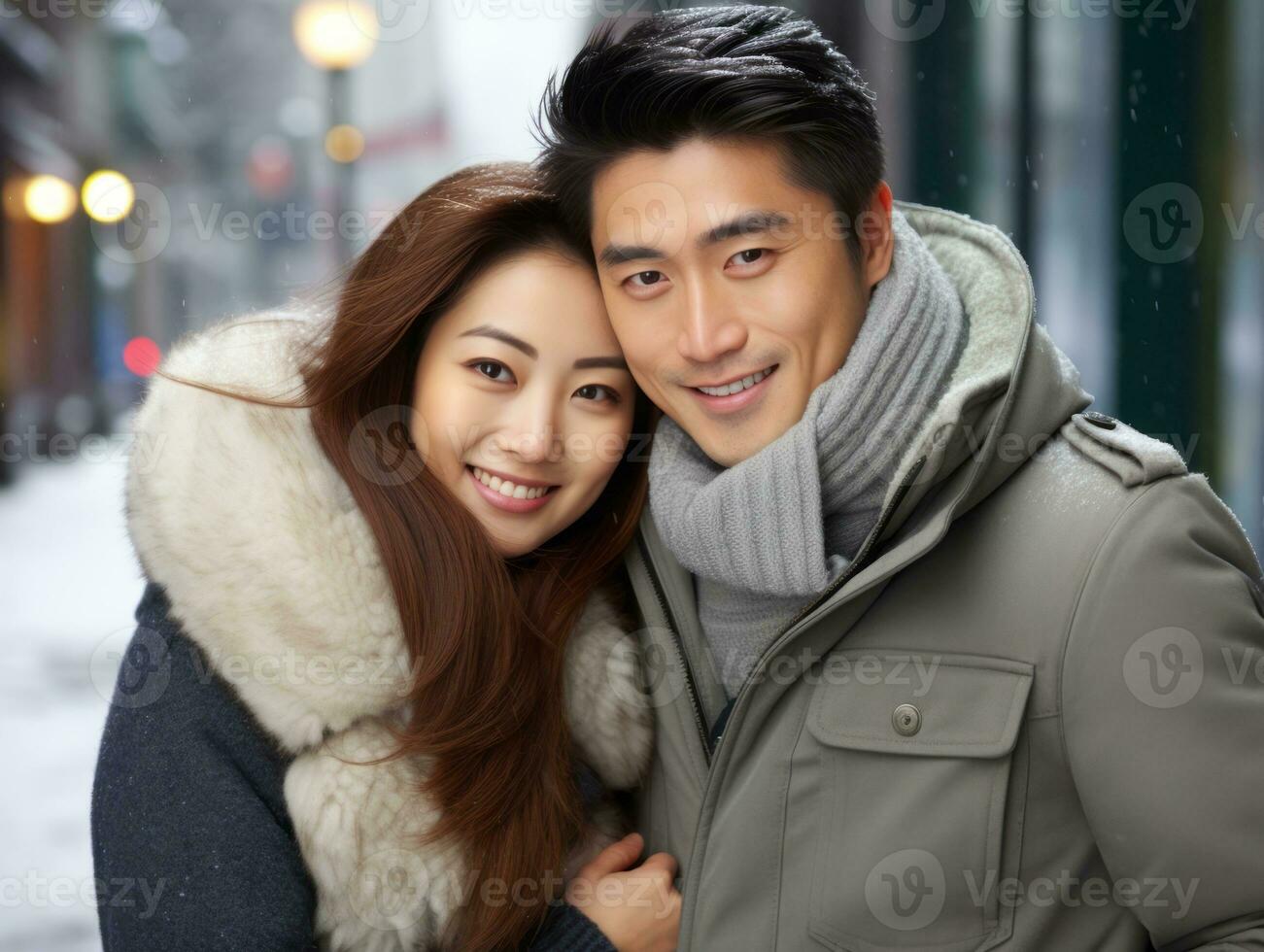 Loving asian couple is enjoying a romantic winter day AI Generative photo