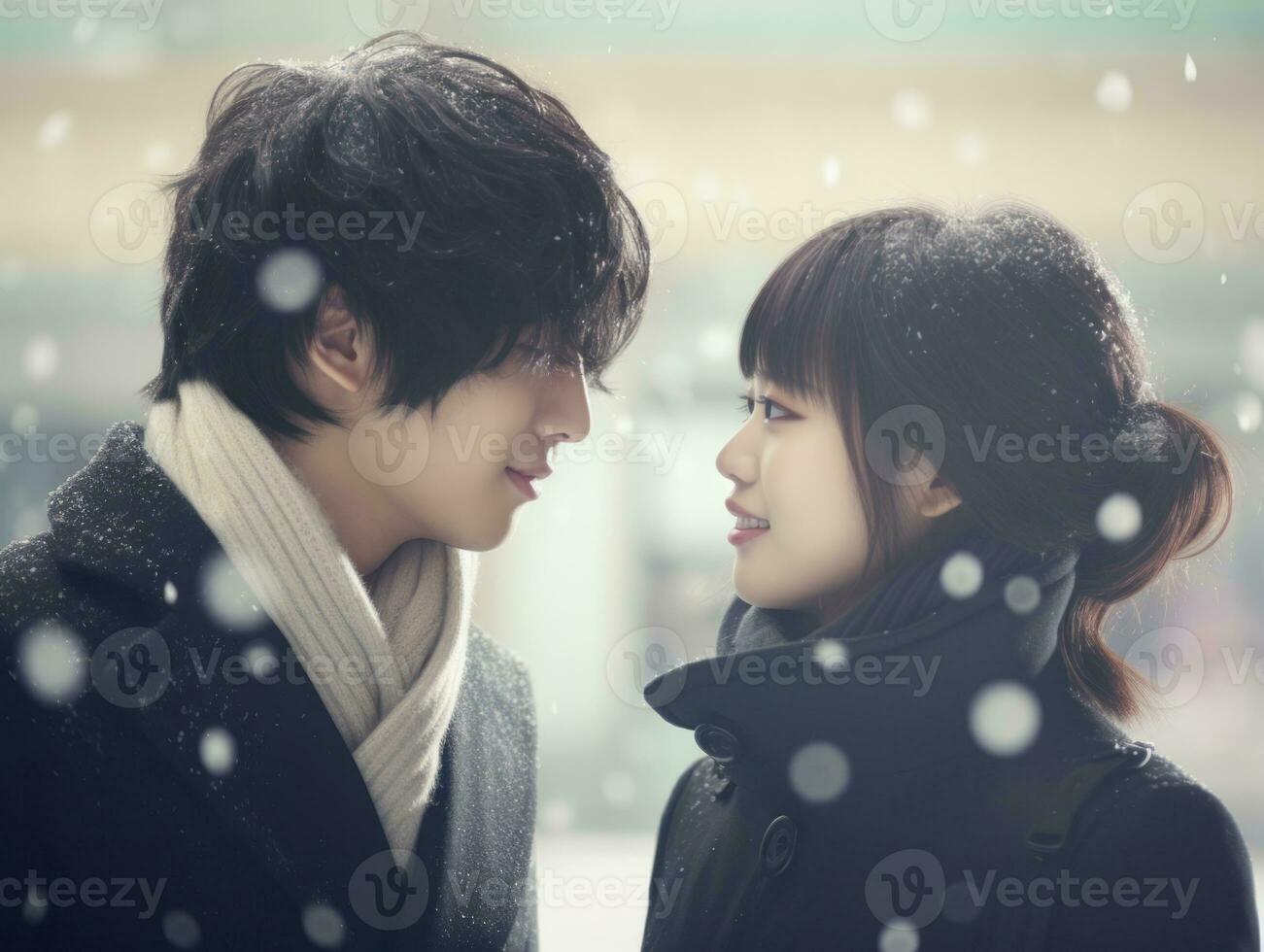 Loving asian couple is enjoying a romantic winter day AI Generative photo