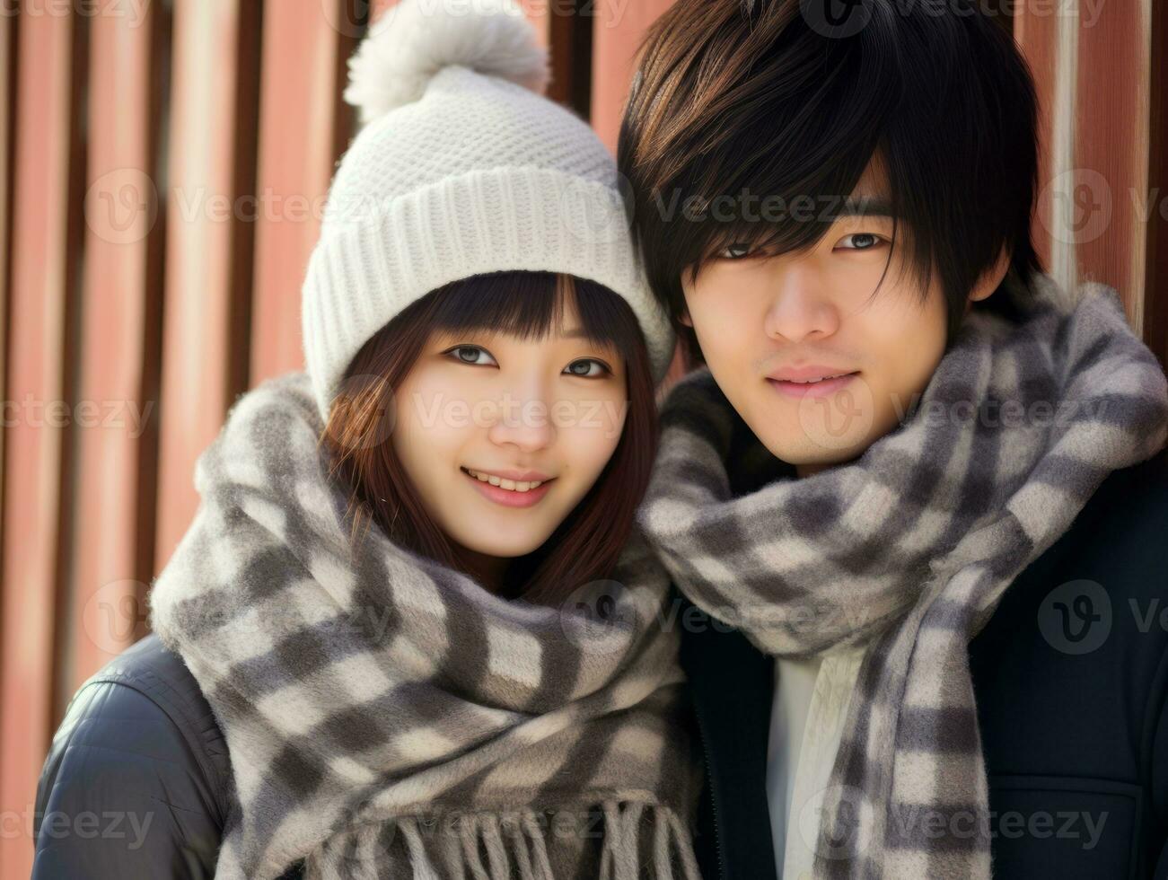 Loving asian couple is enjoying a romantic winter day AI Generative photo