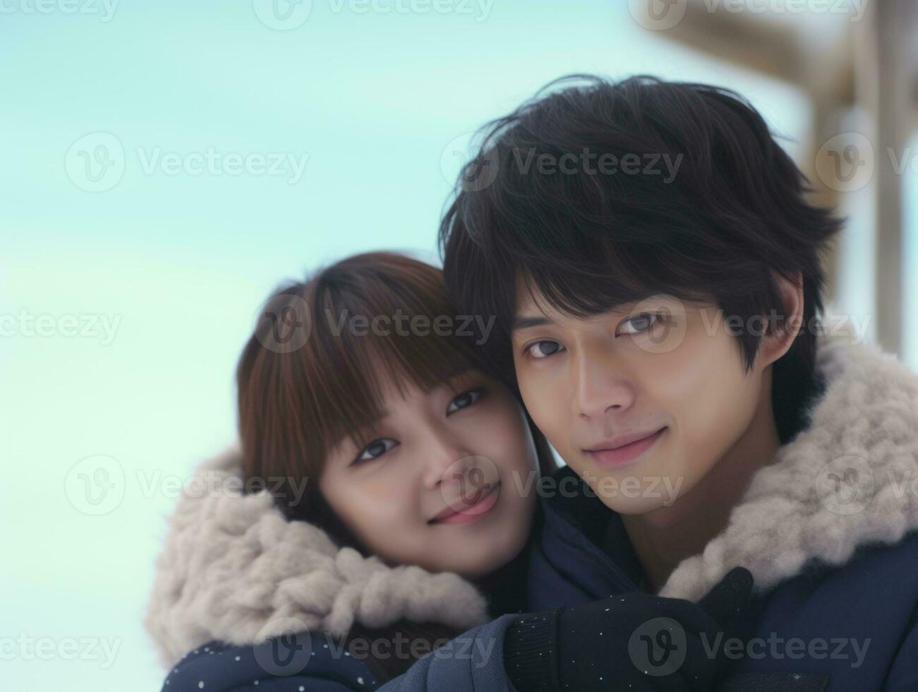 Loving asian couple is enjoying a romantic winter day AI Generative photo