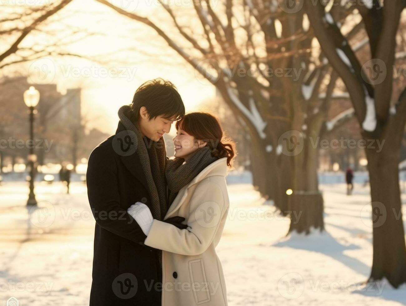 Loving asian couple is enjoying a romantic winter day AI Generative photo