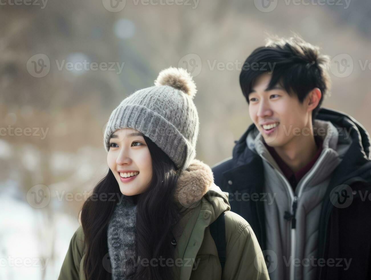 Loving asian couple is enjoying a romantic winter day AI Generative photo