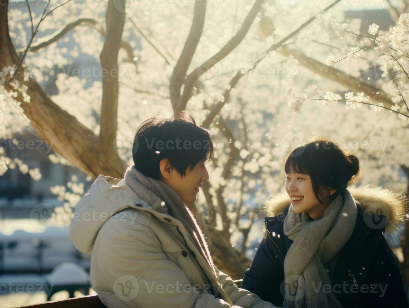 Loving asian couple is enjoying a romantic winter day AI Generative photo