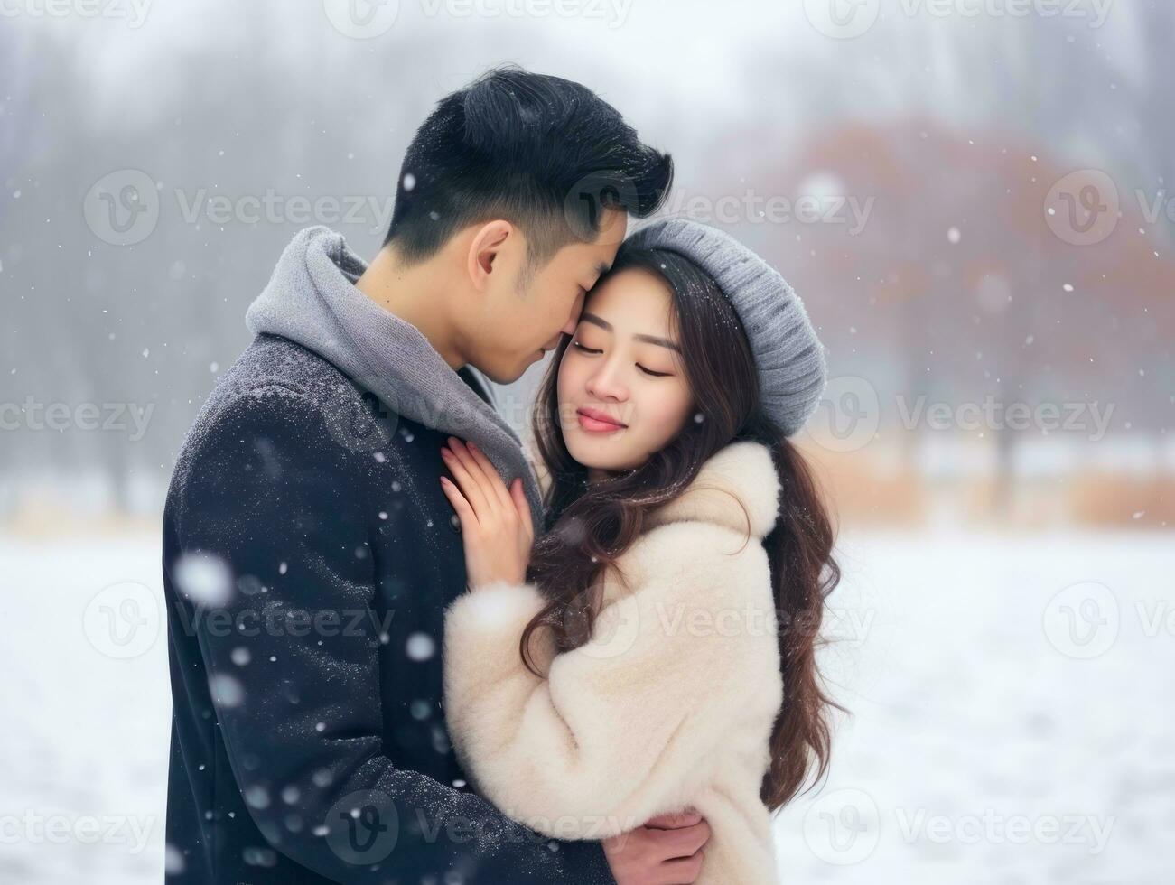 amoroso asiático Pareja es disfrutando un romántico invierno día ai generativo foto