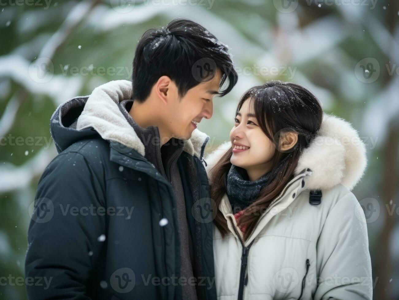 Loving asian couple is enjoying a romantic winter day AI Generative photo