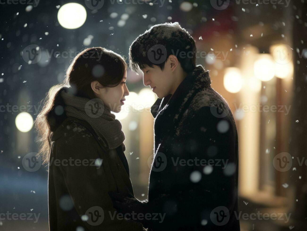 Loving asian couple is enjoying a romantic winter day AI Generative photo