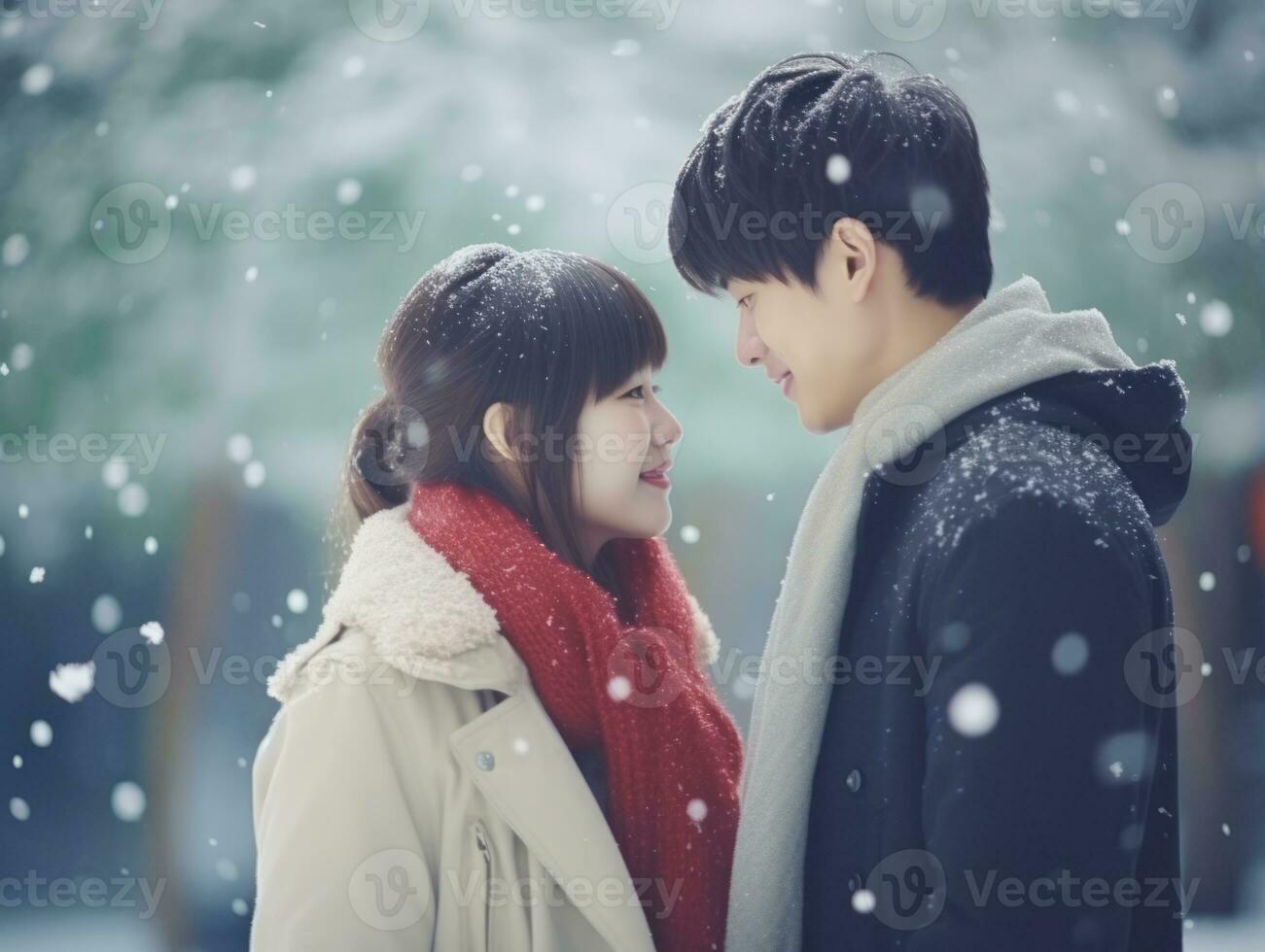 Loving asian couple is enjoying a romantic winter day AI Generative photo