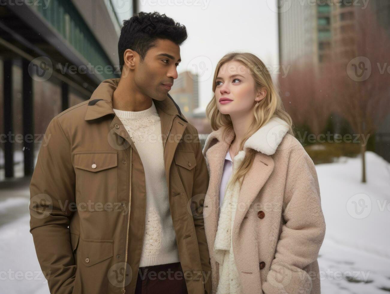 Loving interracial couple is enjoying a romantic winter day AI Generative photo