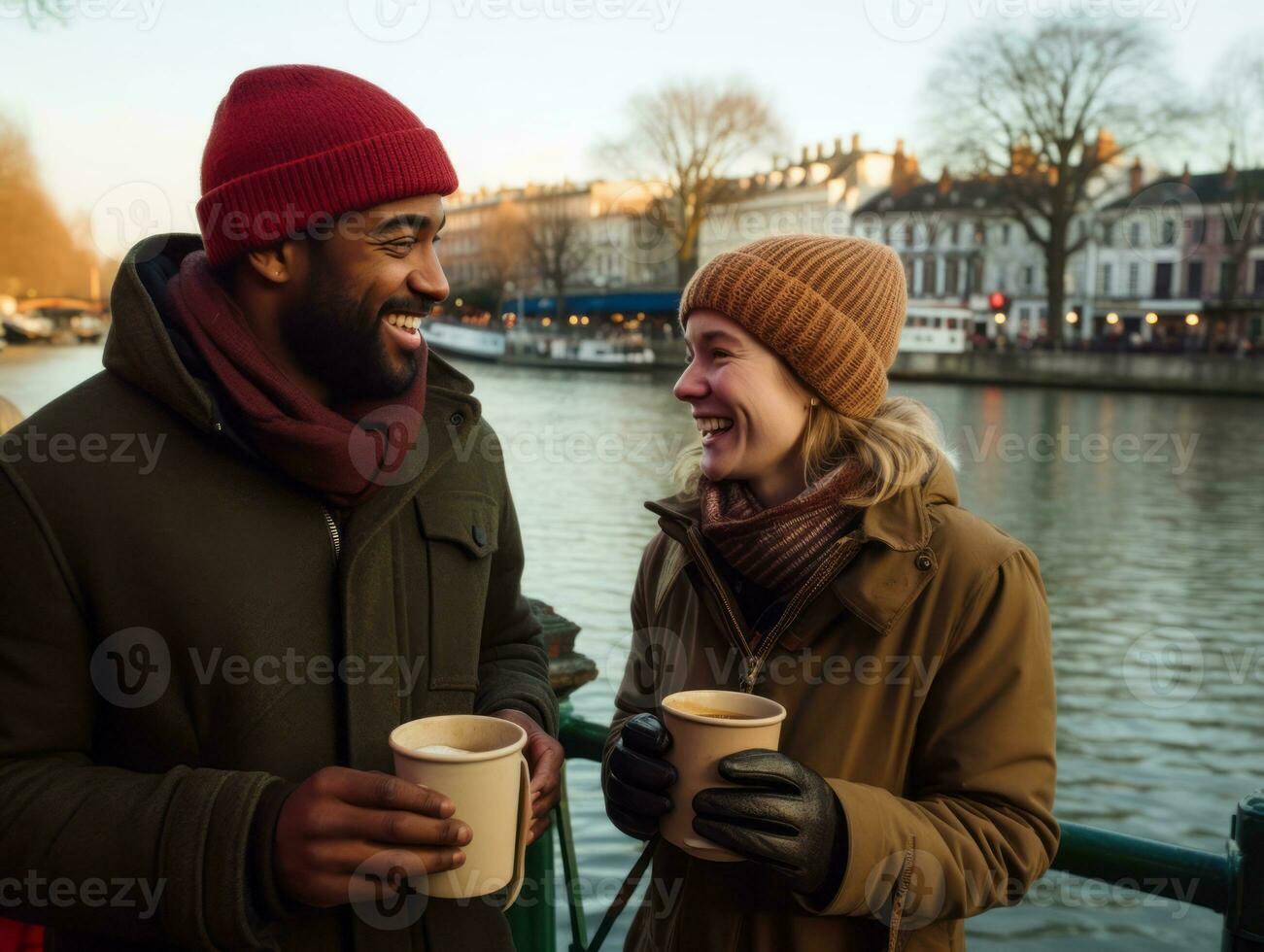 amoroso interracial Pareja es disfrutando un romántico invierno día ai generativo foto