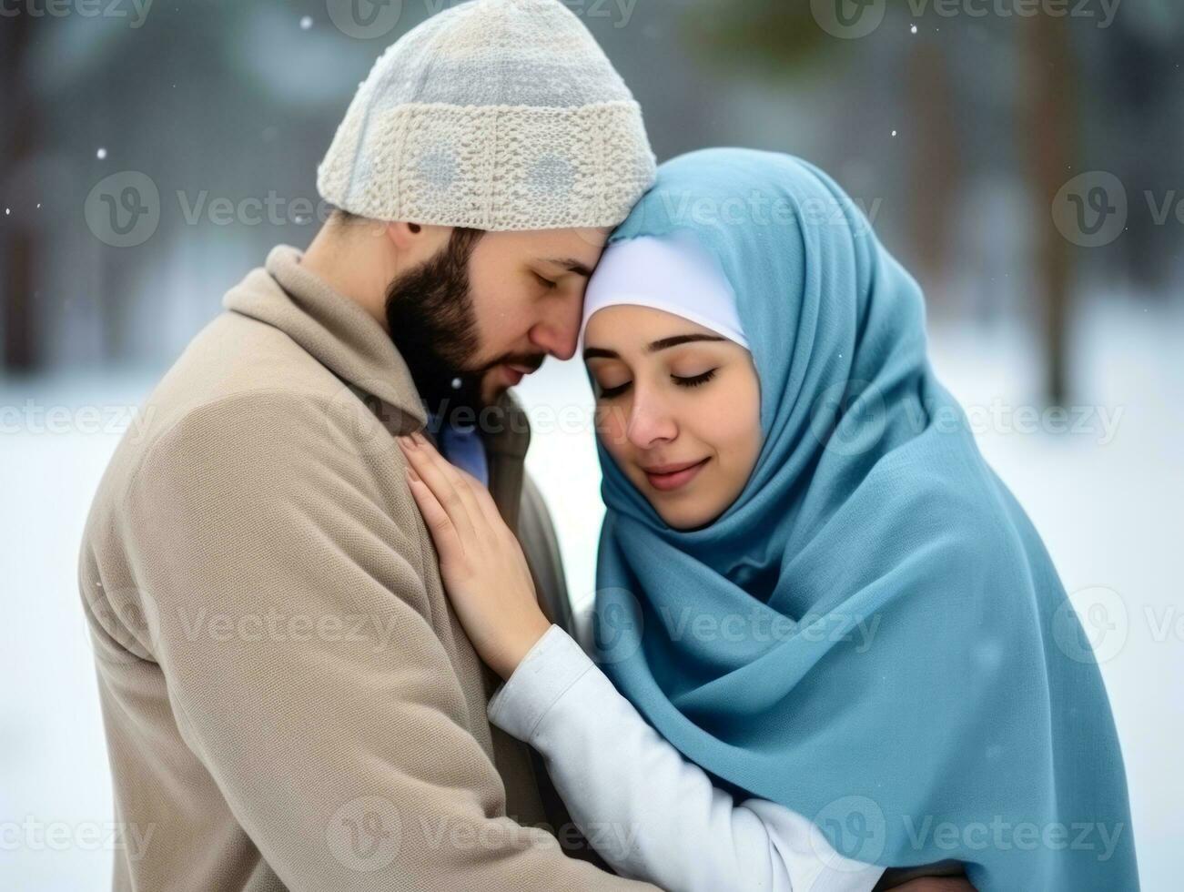 Loving interracial couple is enjoying a romantic winter day AI Generative photo