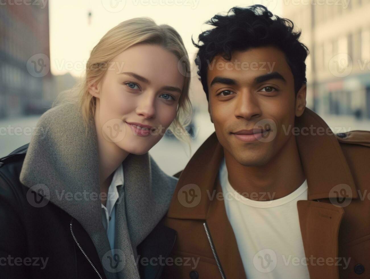 Loving interracial couple is enjoying a romantic winter day AI Generative photo