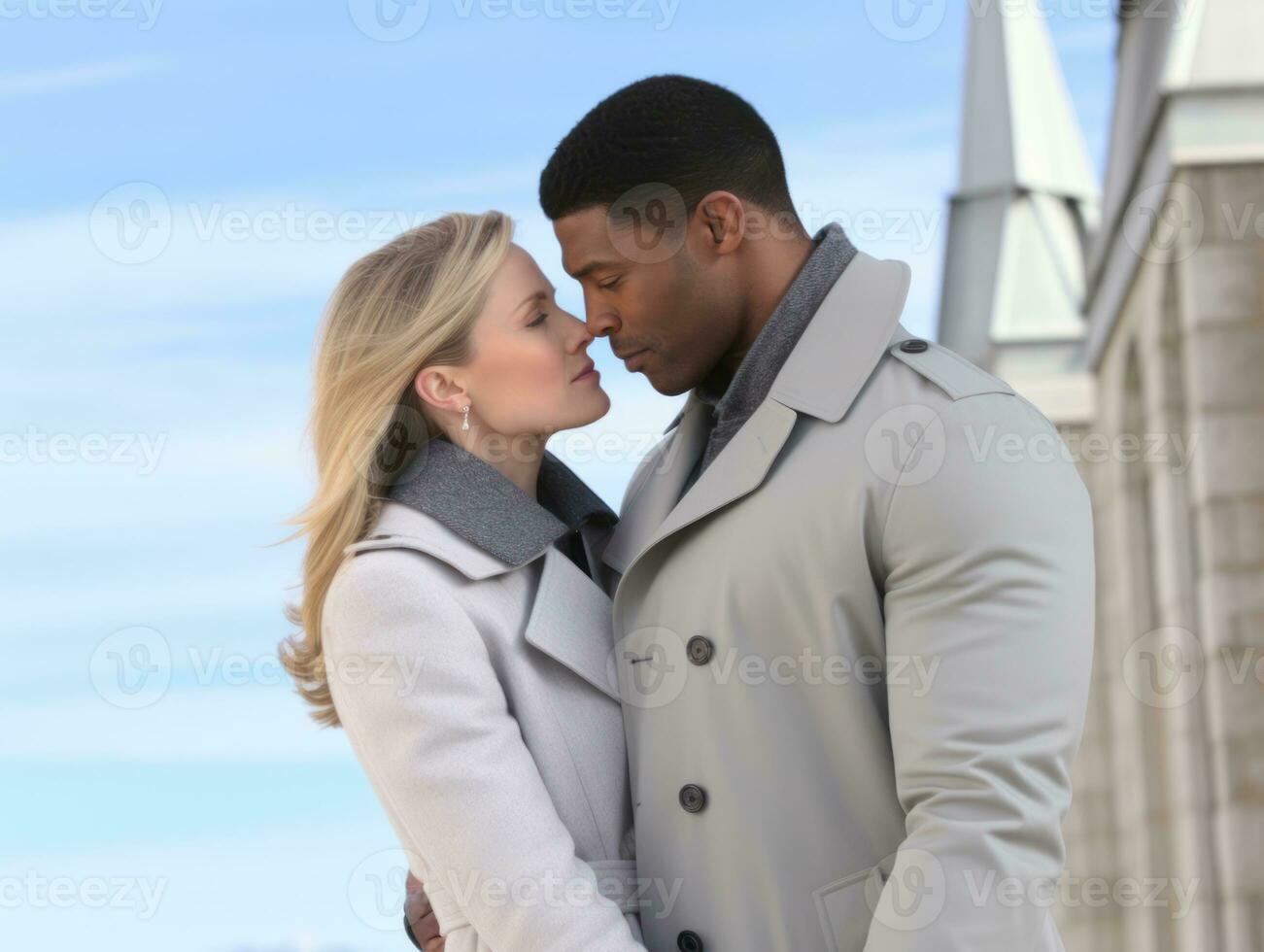 amoroso interracial Pareja es disfrutando un romántico invierno día ai generativo foto