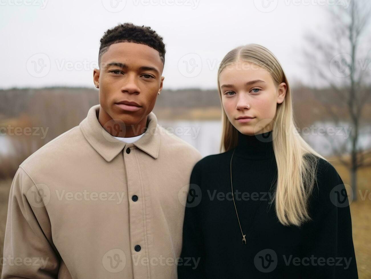 Loving interracial couple is enjoying a romantic winter day AI Generative photo