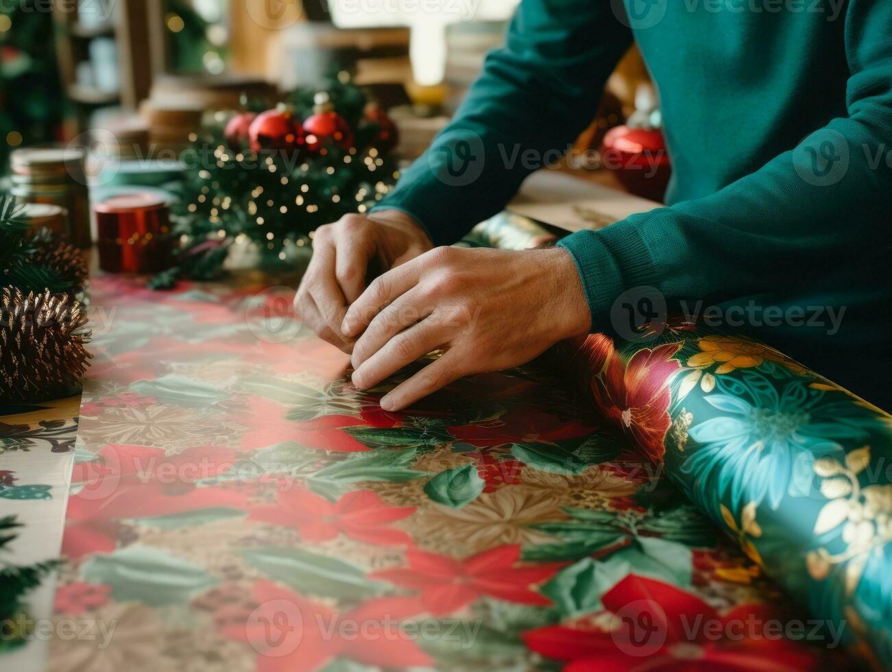 Man wrapping presents with holiday themed wrapping paper AI Generative photo