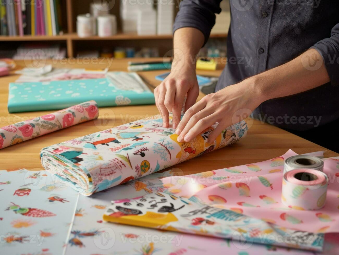 Man wrapping presents with holiday themed wrapping paper AI Generative photo