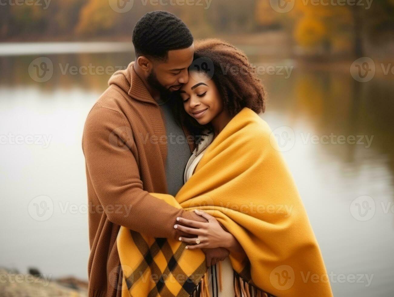 Loving african american couple is enjoying a romantic autumn day AI Generative photo