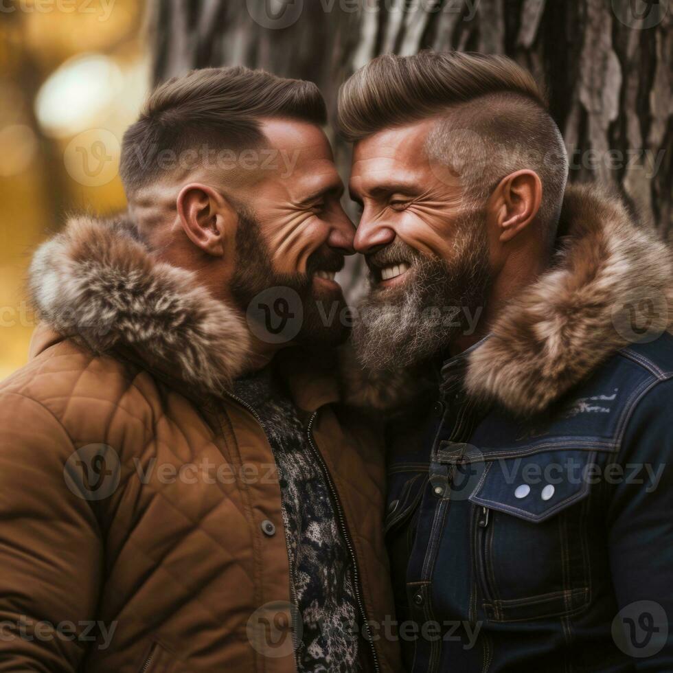 amoroso homosexual Pareja es disfrutando un romántico otoño día ai generativo foto