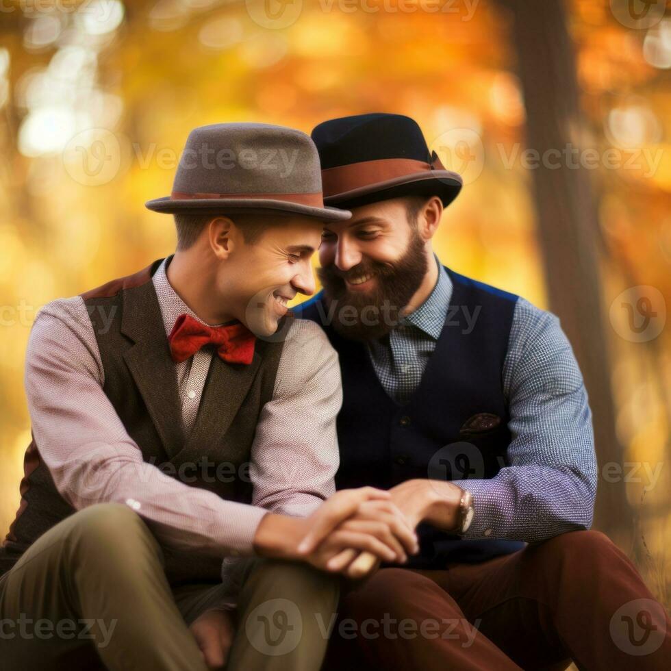 amoroso homosexual Pareja es disfrutando un romántico otoño día ai generativo foto