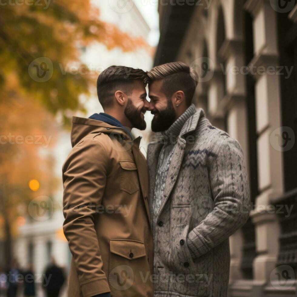 Loving homosexual couple is enjoying a romantic autumn day AI Generative photo