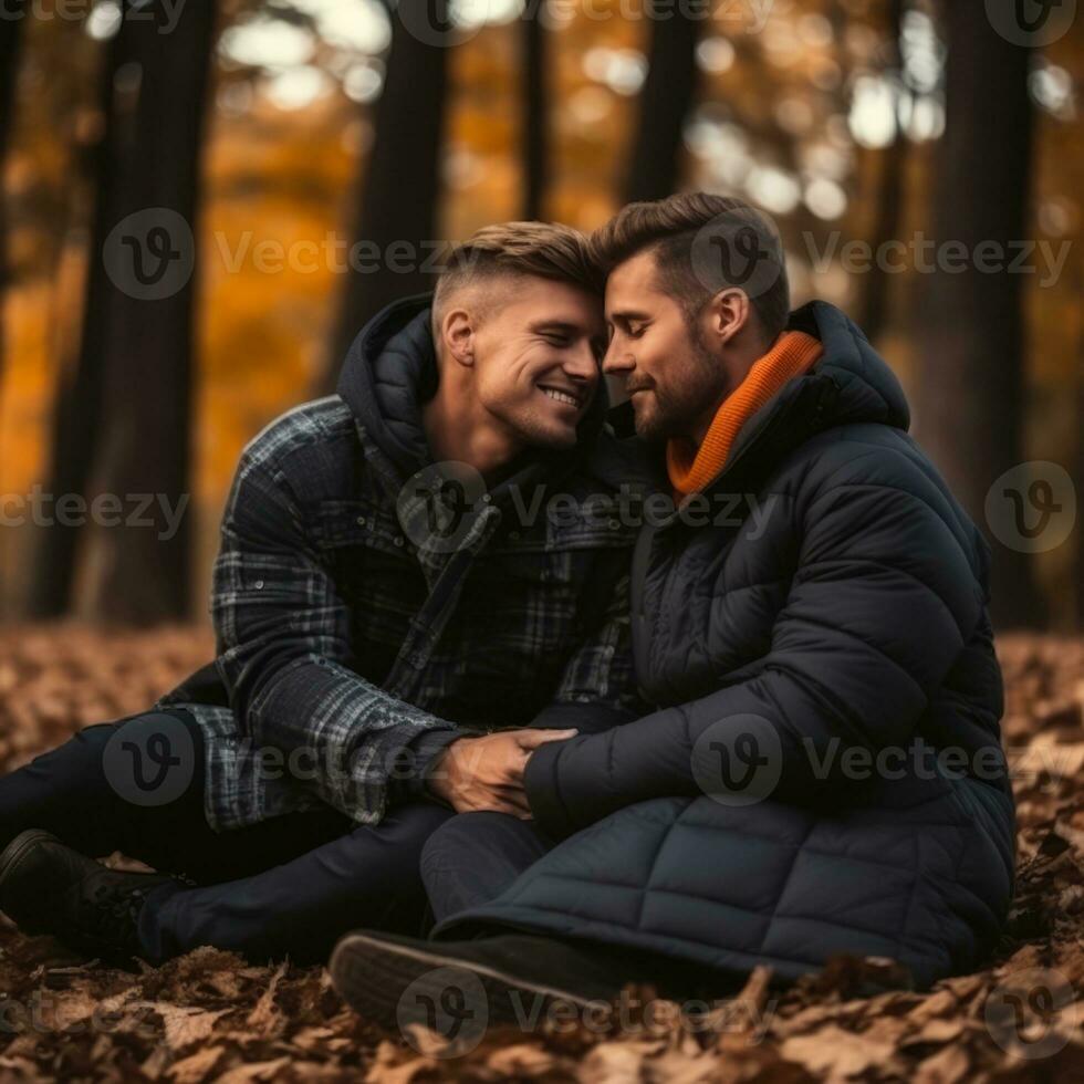 amoroso homosexual Pareja es disfrutando un romántico otoño día ai generativo foto