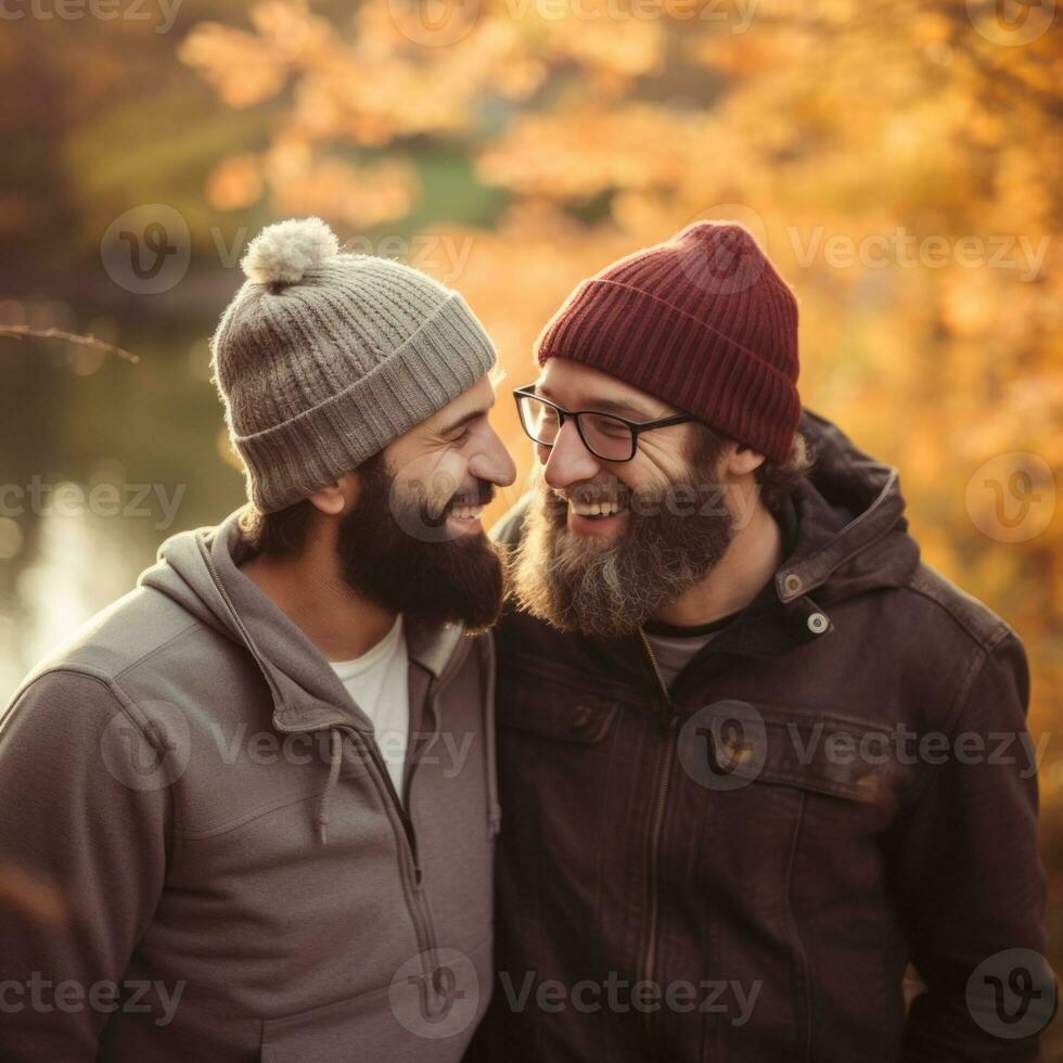 Loving homosexual couple is enjoying a romantic autumn day AI Generative photo