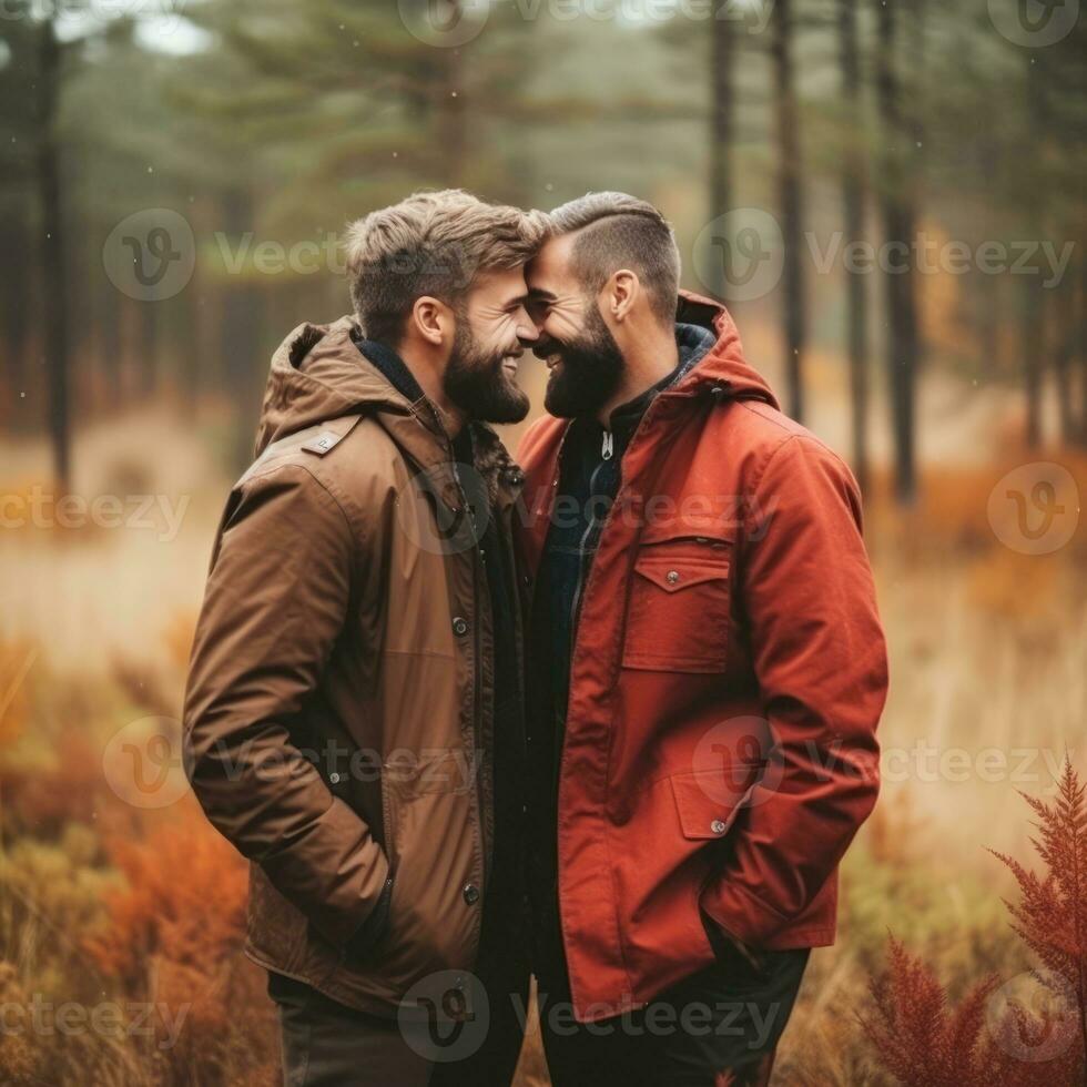 Loving homosexual couple is enjoying a romantic autumn day AI Generative photo