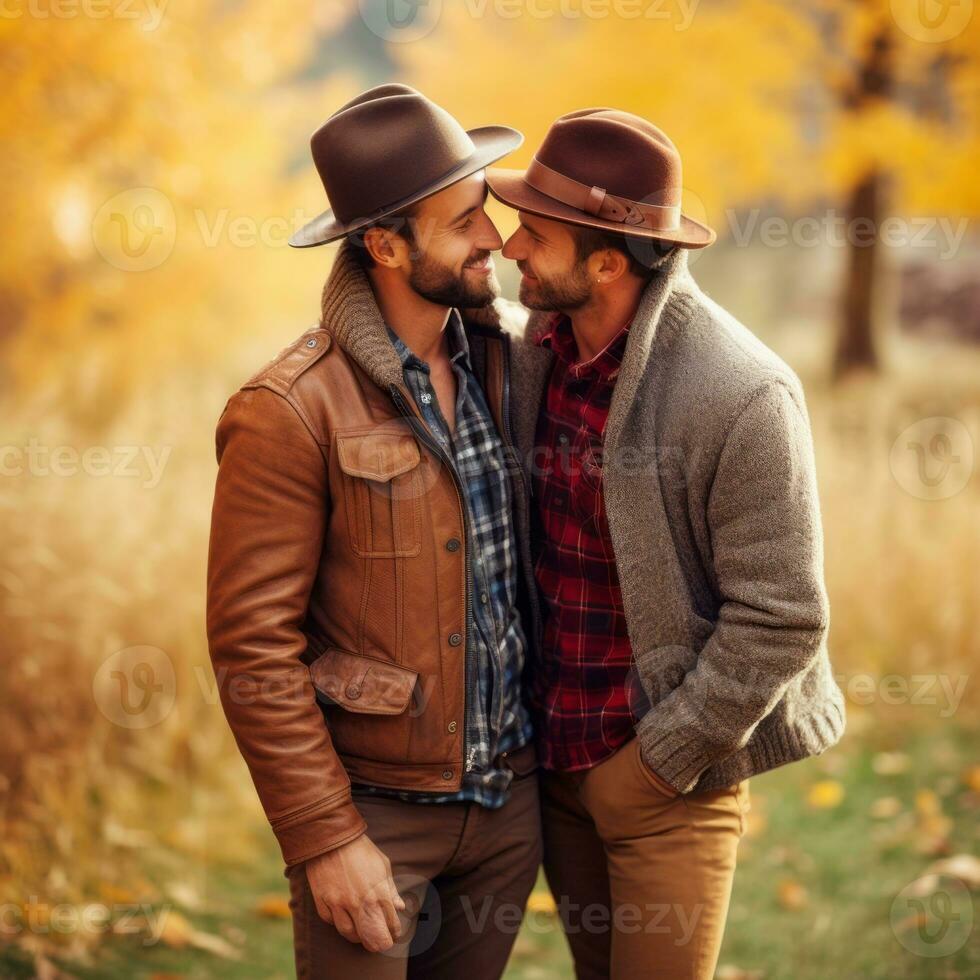 Loving homosexual couple is enjoying a romantic autumn day AI Generative photo