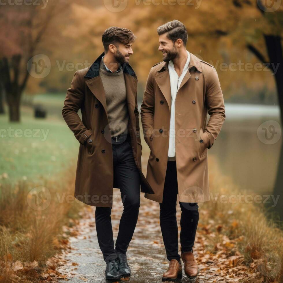 Loving homosexual couple is enjoying a romantic autumn day AI Generative photo