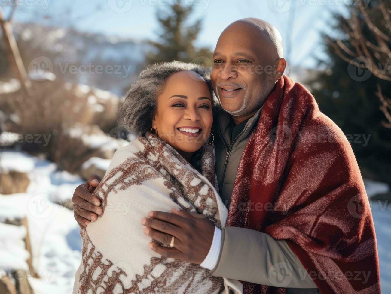 Loving old african american couple is enjoying a romantic winter day AI Generative photo