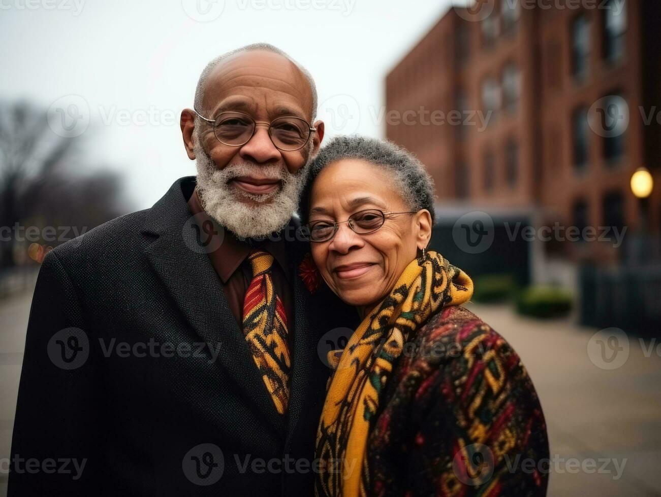 Loving old african american couple is enjoying a romantic winter day AI Generative photo